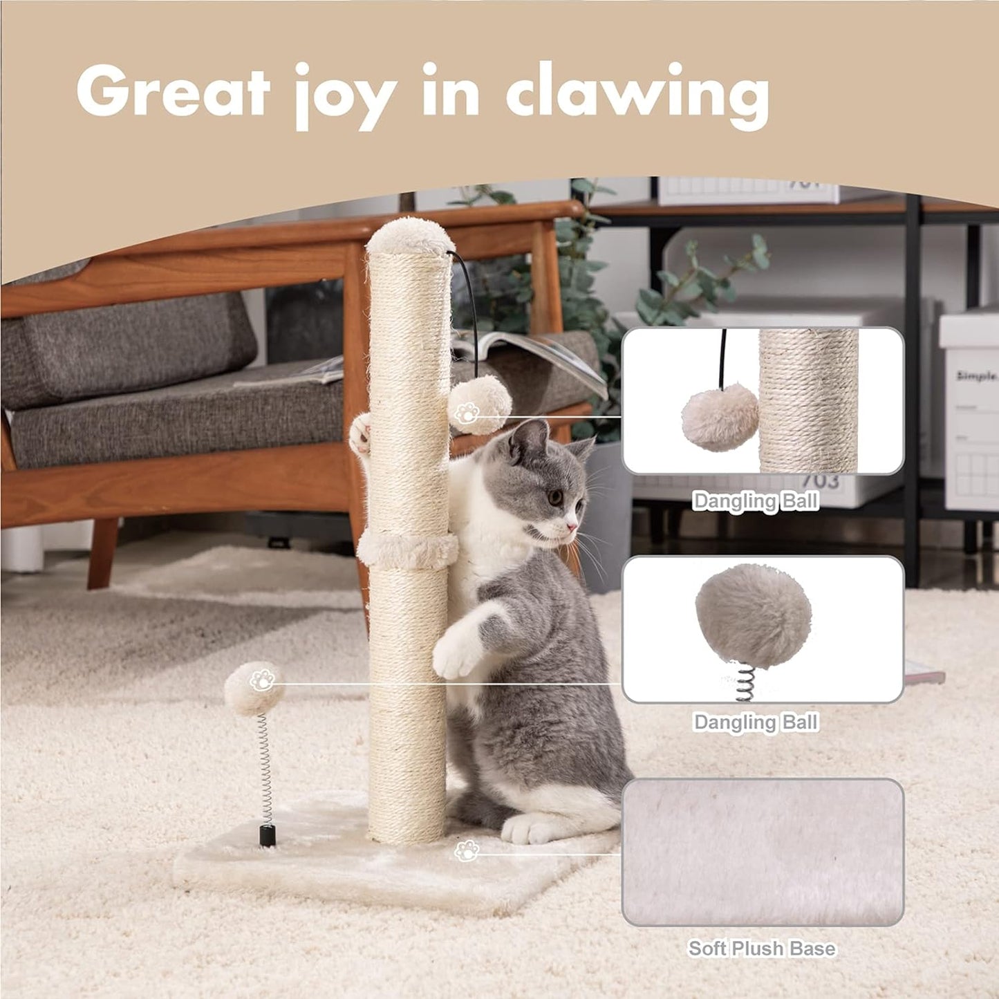 Cat Scratching Post – Sisal Scratch Tower with Hanging Ball (22" Kitten / 34" Adult)