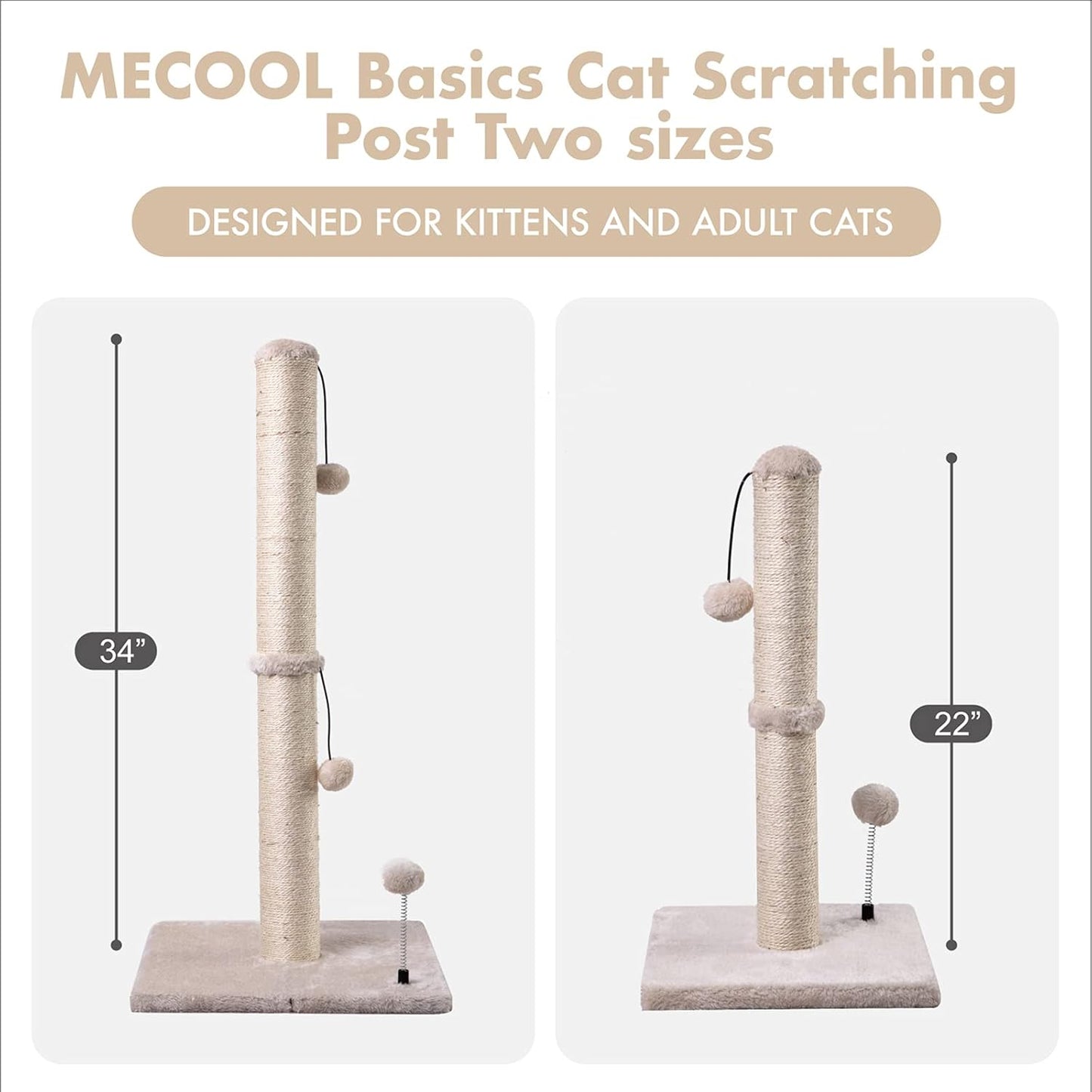 Cat Scratching Post – Sisal Scratch Tower with Hanging Ball (22" Kitten / 34" Adult)