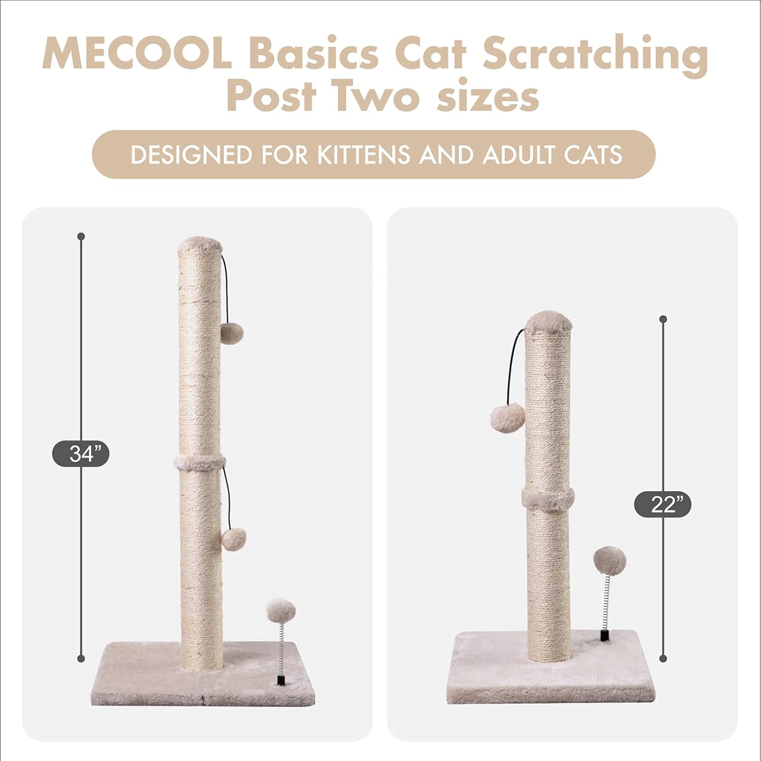 Cat Scratching Post – Sisal Scratch Tower with Hanging Ball (22" Kitten / 34" Adult)