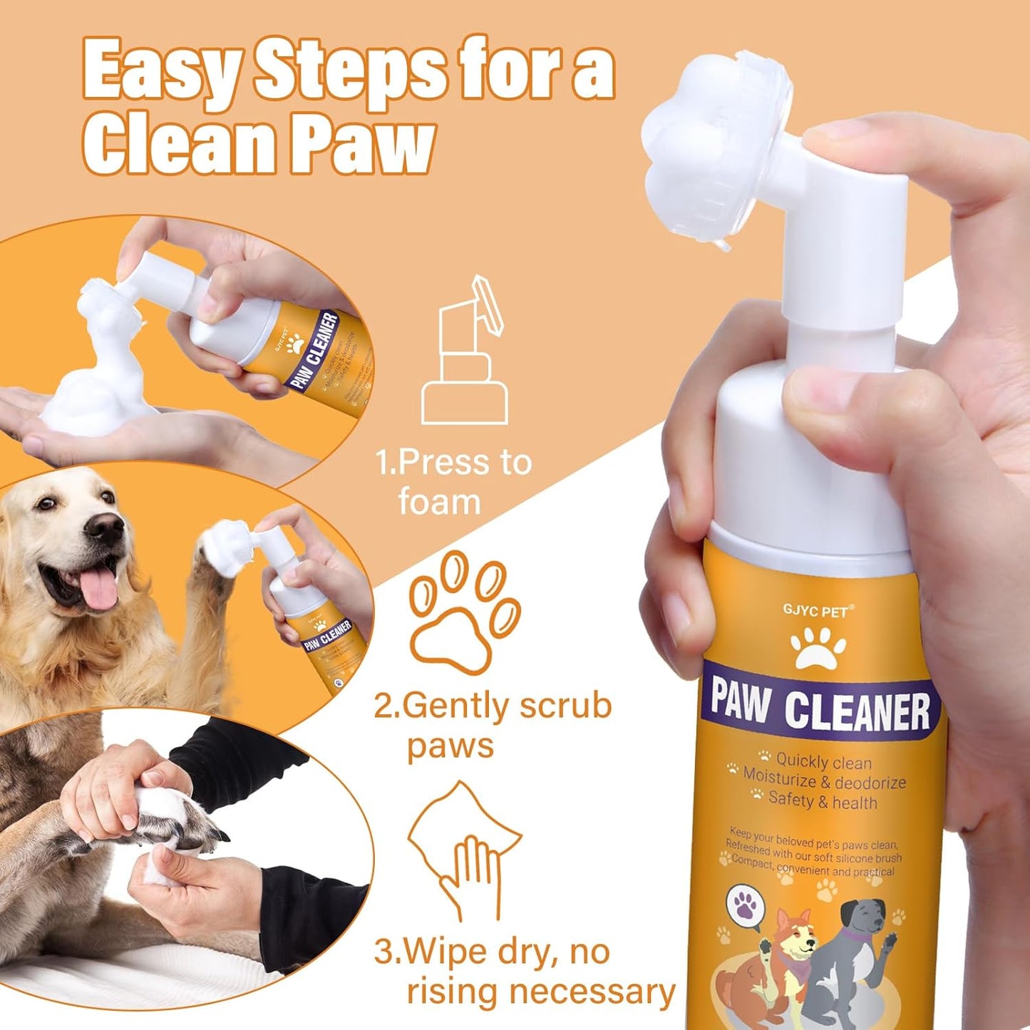 No-Rinse Foaming Paw Cleaner with Brush – Gentle Rose Extract Wash for Dogs & Cats (5oz)
