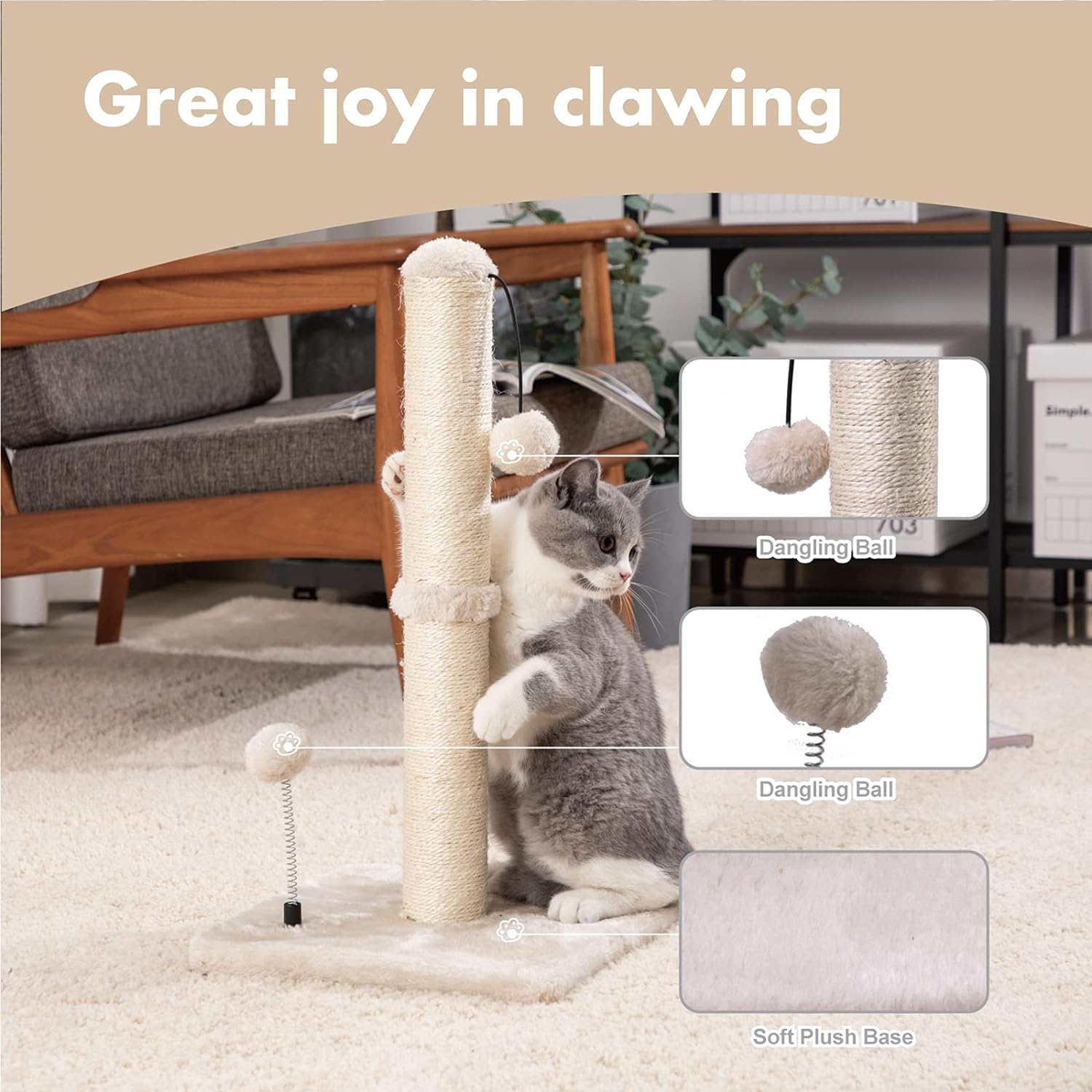 Cat Scratching Post – Sisal Scratch Tower with Hanging Ball (22" Kitten / 34" Adult)