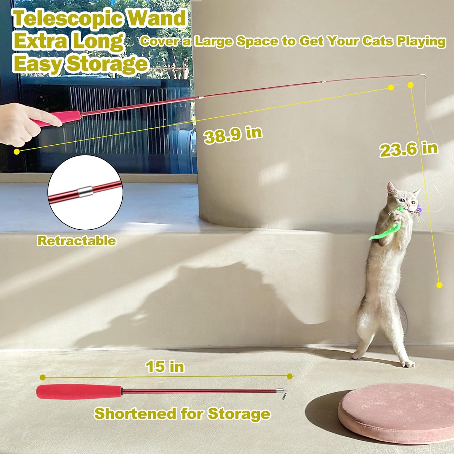 Interactive Cat Wand Toy with Feather Refills – Retractable Chase & Exercise Play for Indoor Cats