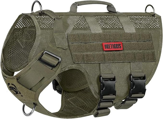 OneTigris Tactical Dog Harness – No Pull Military-Style Vest with Handle (Green, XS–XL)