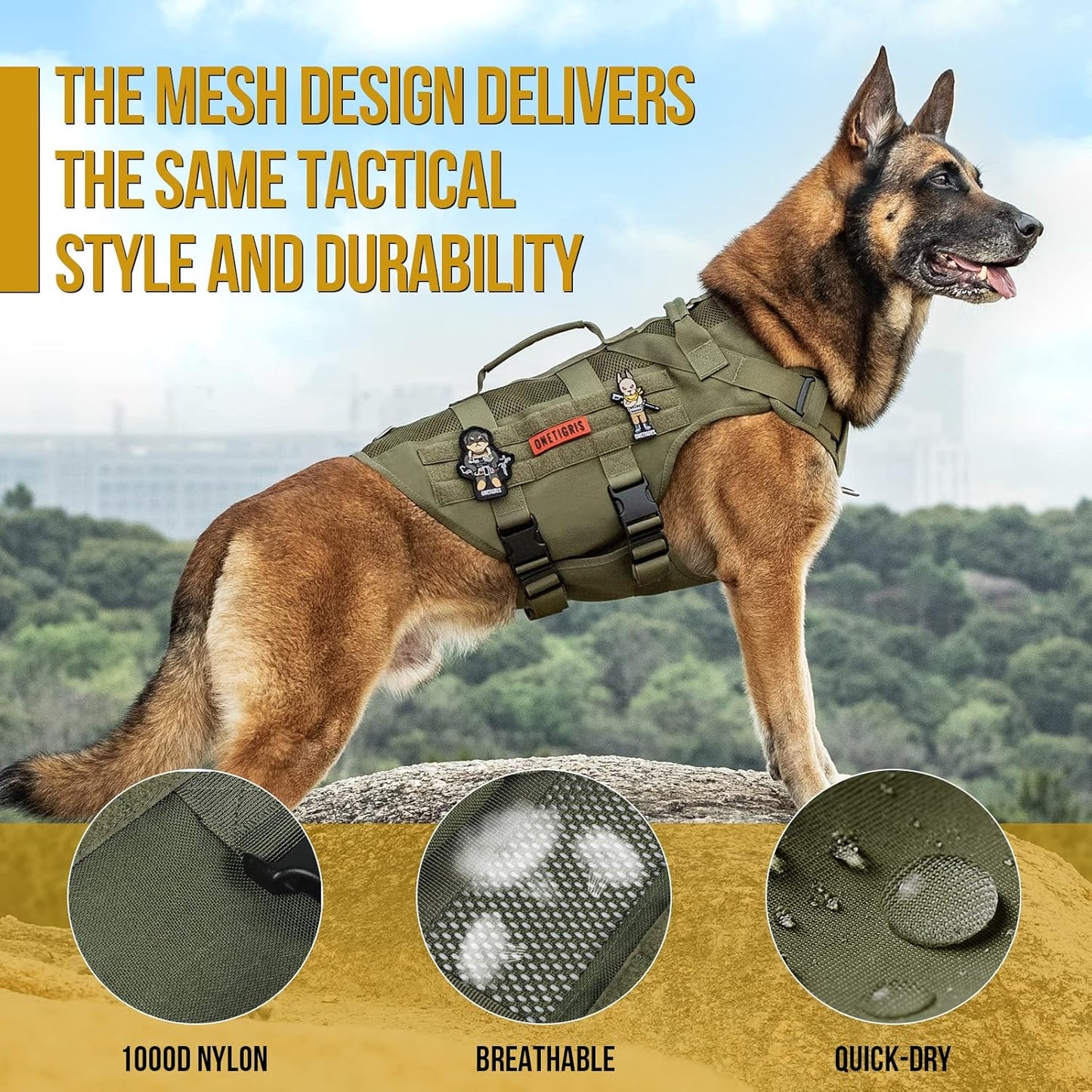 OneTigris Tactical Dog Harness – No Pull Military-Style Vest with Handle (Green, XS–XL)