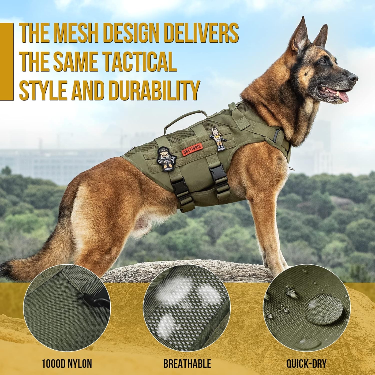 OneTigris Tactical Dog Harness – No Pull Military-Style Vest with Handle (Green, XS–XL)
