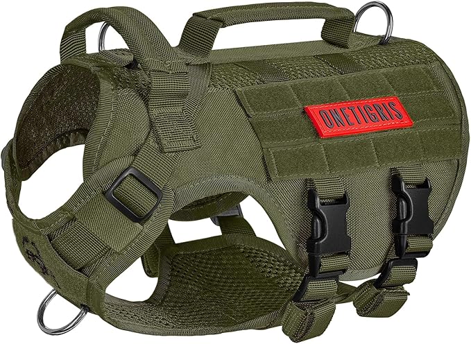 OneTigris Tactical Dog Harness – No Pull Military-Style Vest with Handle (Green, XS–XL)
